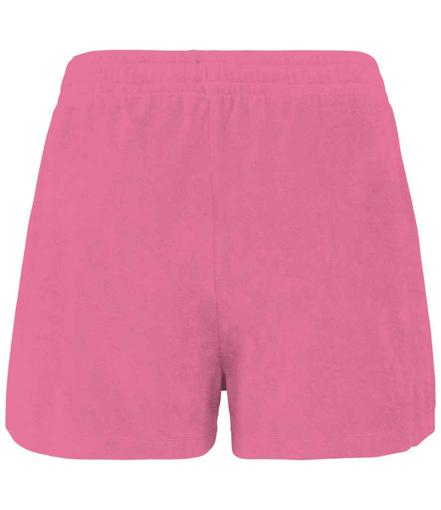 Native Spirit Ladies Terry Towel Shorts in Candy Rose, back view