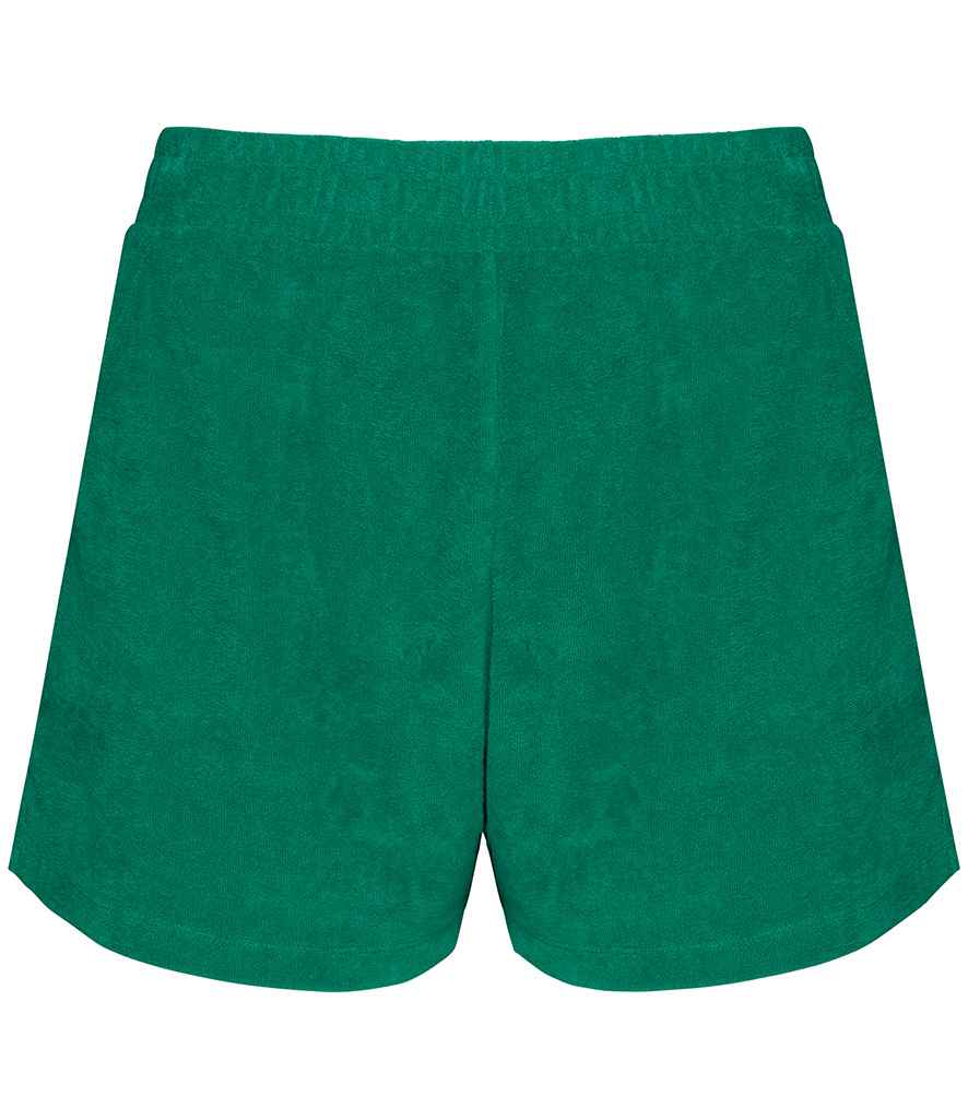 Native Spirit Ladies Terry Towel Shorts in Malachite Green, front view