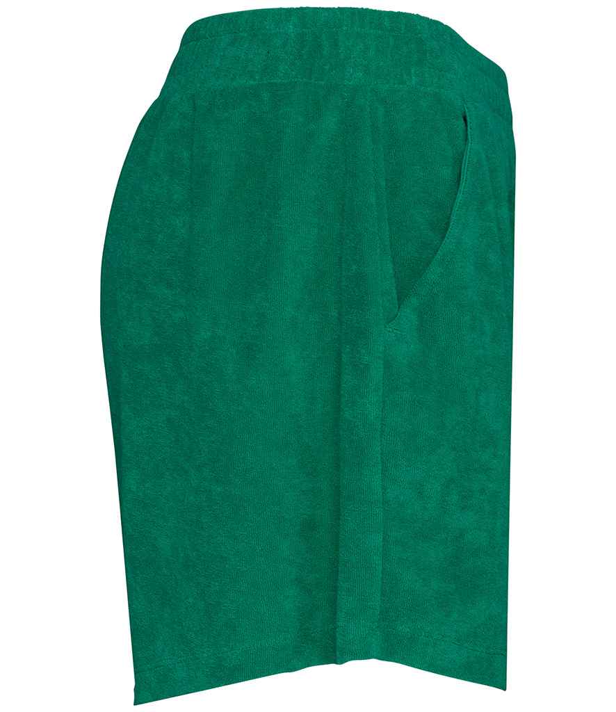 Native Spirit Ladies Terry Towel Shorts in Malachite Green, side view