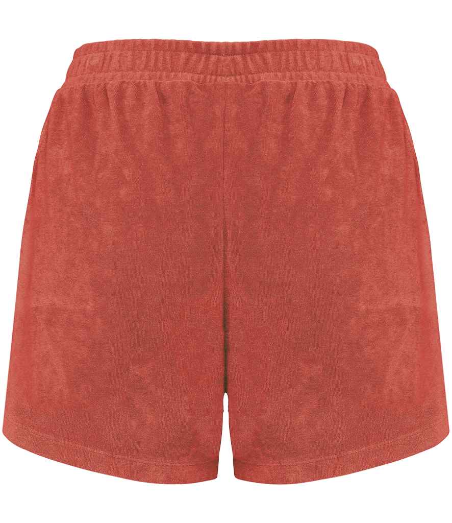 Native Spirit Ladies Terry Towel Shorts in Paprika, back view