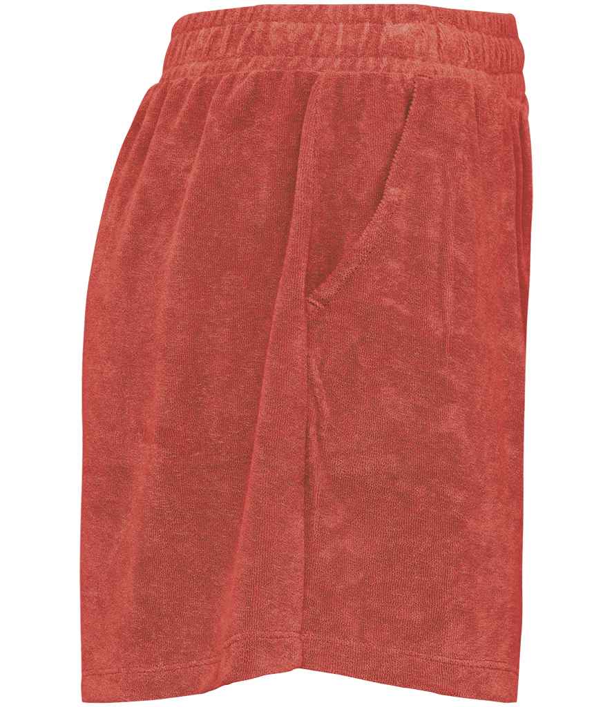 Native Spirit Ladies Terry Towel Shorts in Paprika, side view