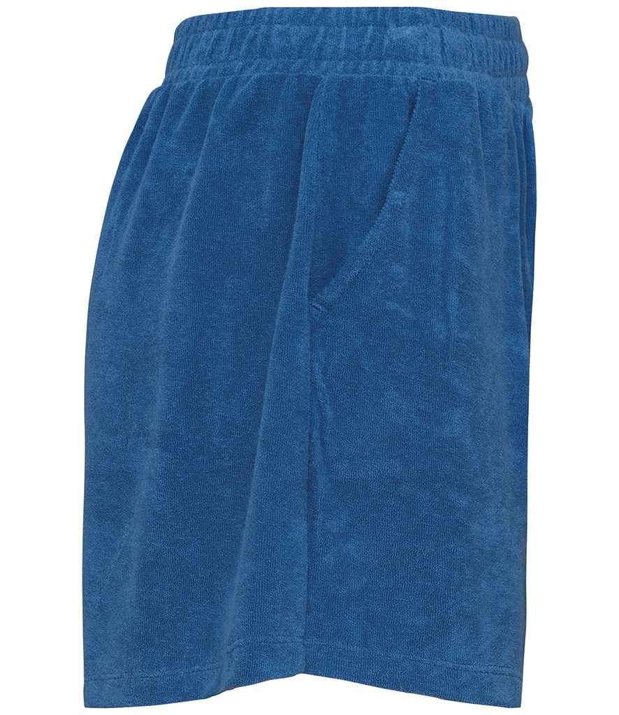 Native Spirit Ladies Terry Towel Shorts in Riviera blue, side view
