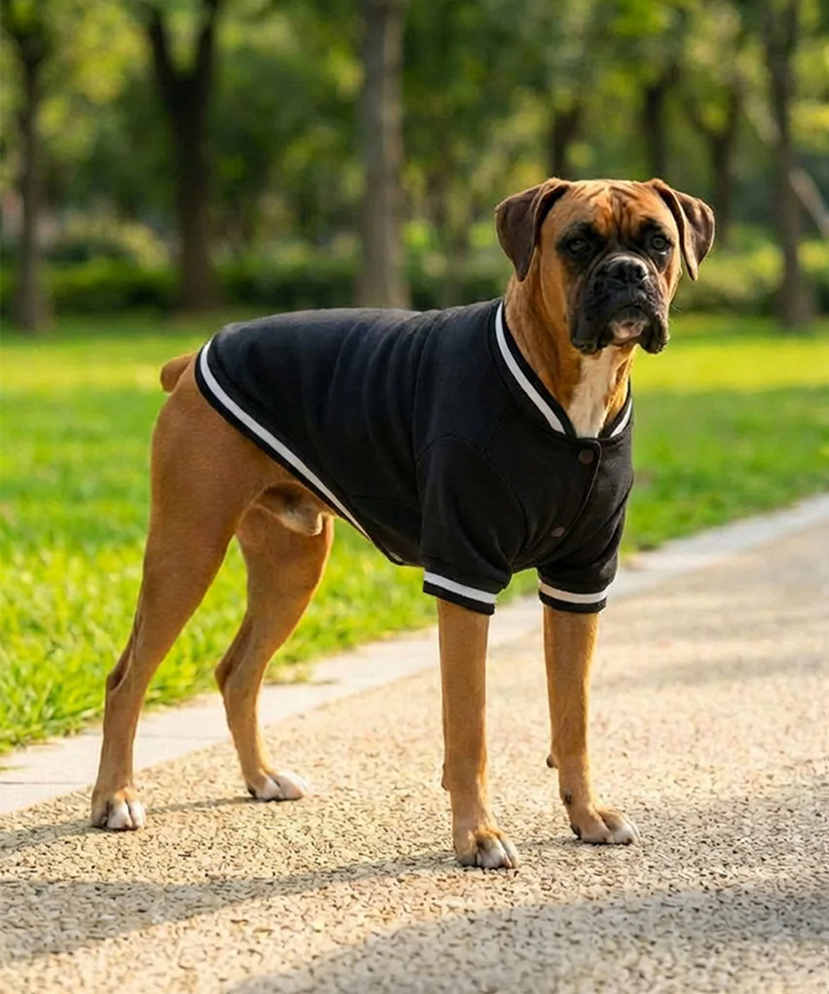 Portman & Pooch Dog’s varsity jacket, lifestyle photo