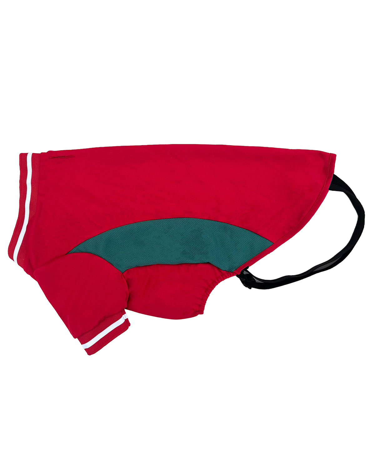 Portman & Pooch Dog’s football t-shirt in Red/White/Green, front view