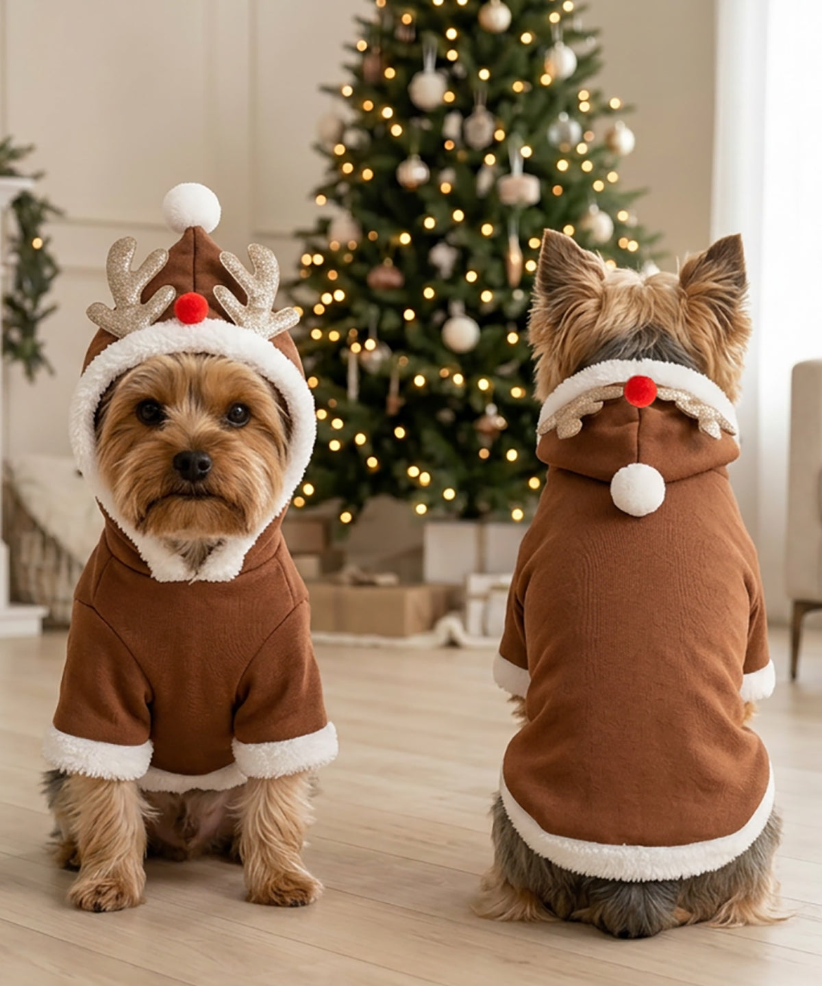 Portman & Pooch Dog’s reindeer hoodie in Brown/White, lifestyle photo