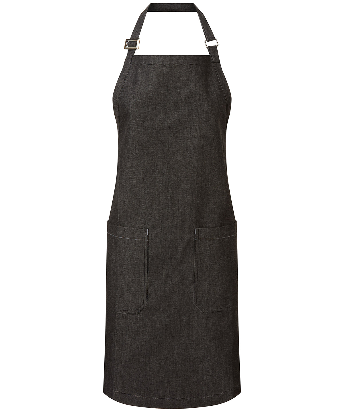 Premier Cotton denim bib apron, organic and Fairtrade certified in Black Denim, front view