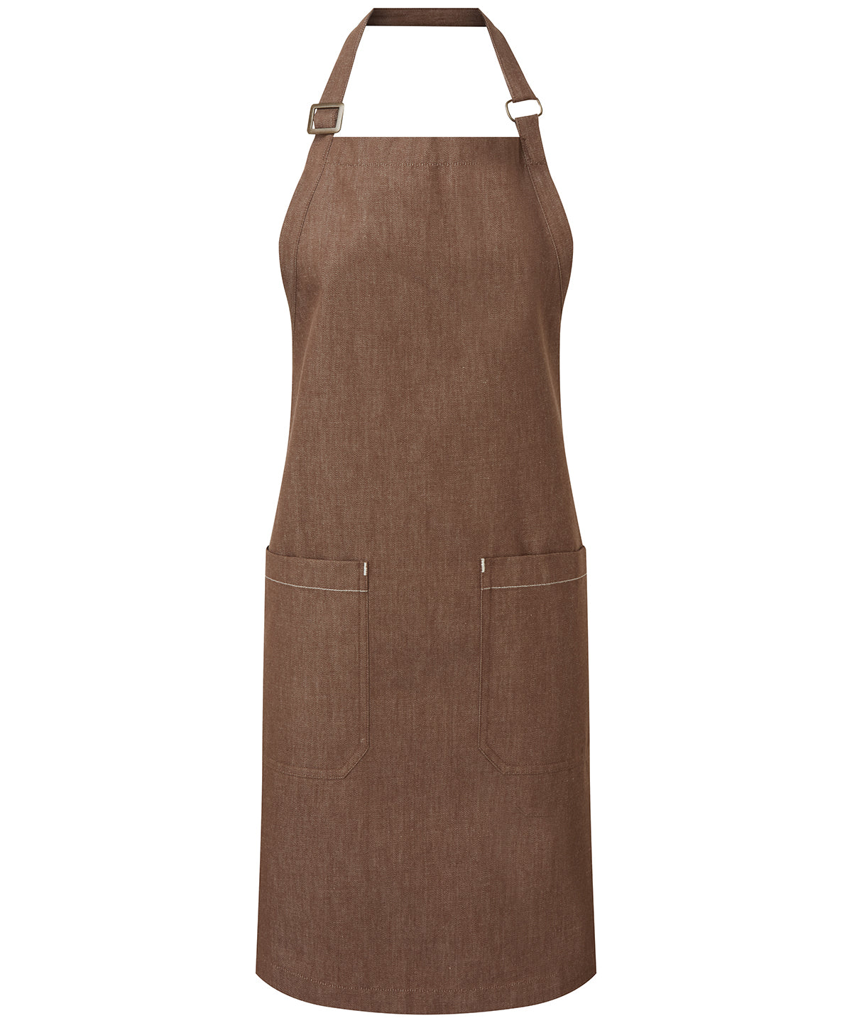 Premier Cotton denim bib apron, organic and Fairtrade certified in Brown Denim, front view