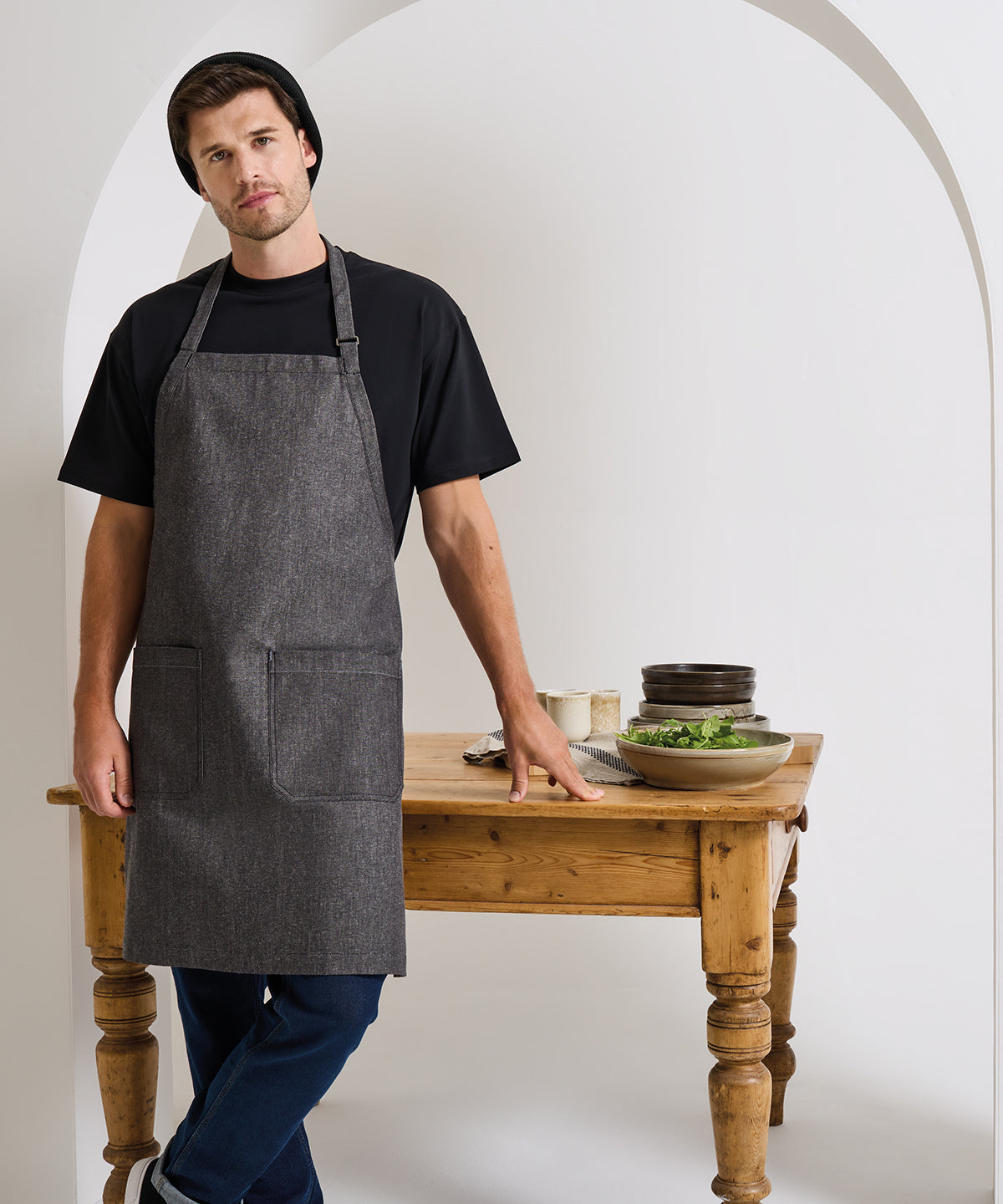 Premier Cotton denim bib apron, organic and Fairtrade certified, lifestyle photo