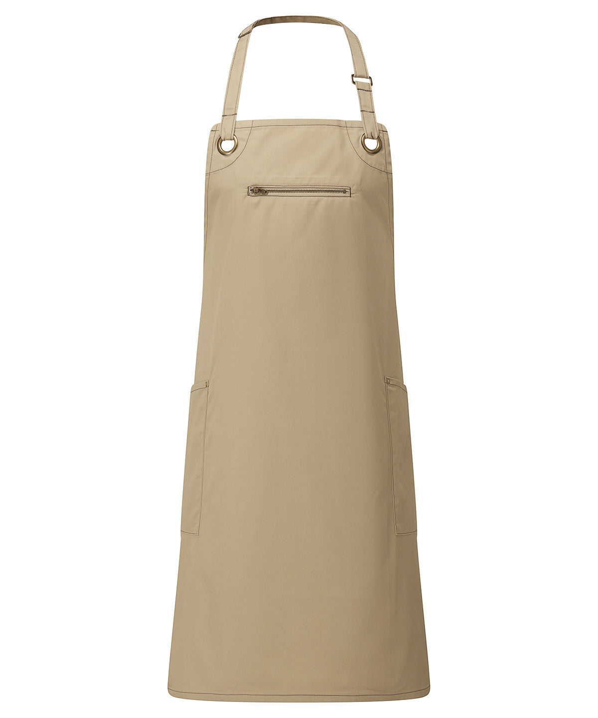 Premier ‘Barley’ Contrast Stitch Bib Apron in Khaki/Brown, front view
