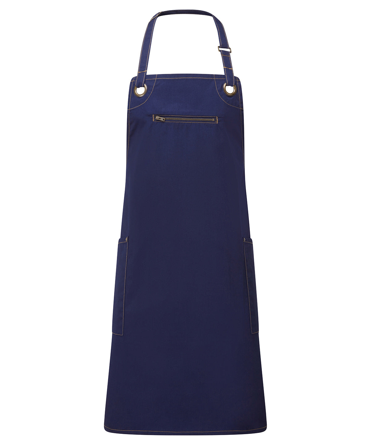 Premier ‘Barley’ Contrast Stitch Bib Apron in Navy/Camel, front view
