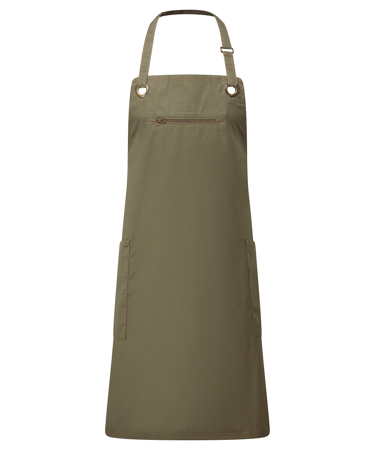 Premier ‘Barley’ Contrast Stitch Bib Apron in Olive/Chestnut, front view
