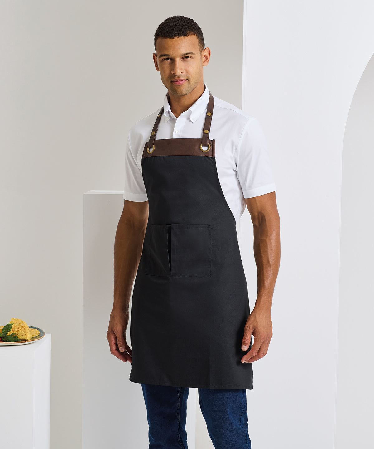 Premier Espresso bib apron, lifestyle photo