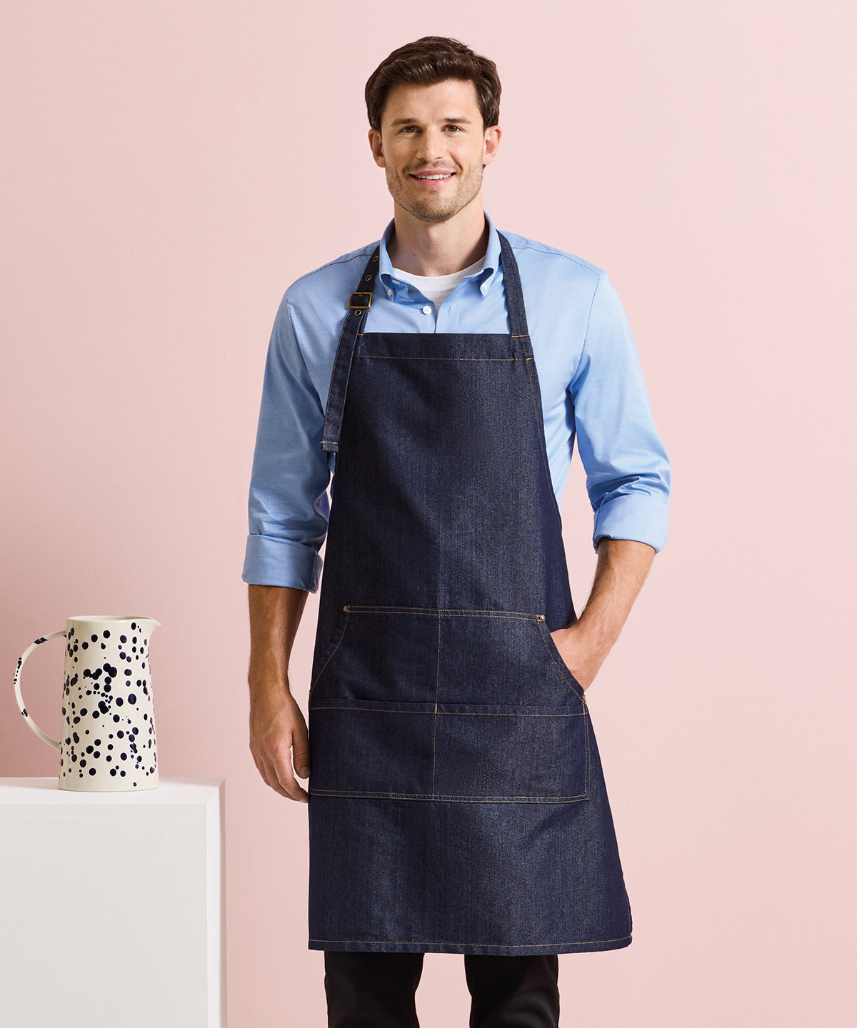 Premier Jeans stitch bib apron, lifestyle photo