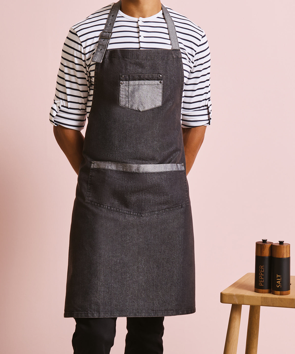 Premier Domain contrast denim bib apron, lifestyle photo