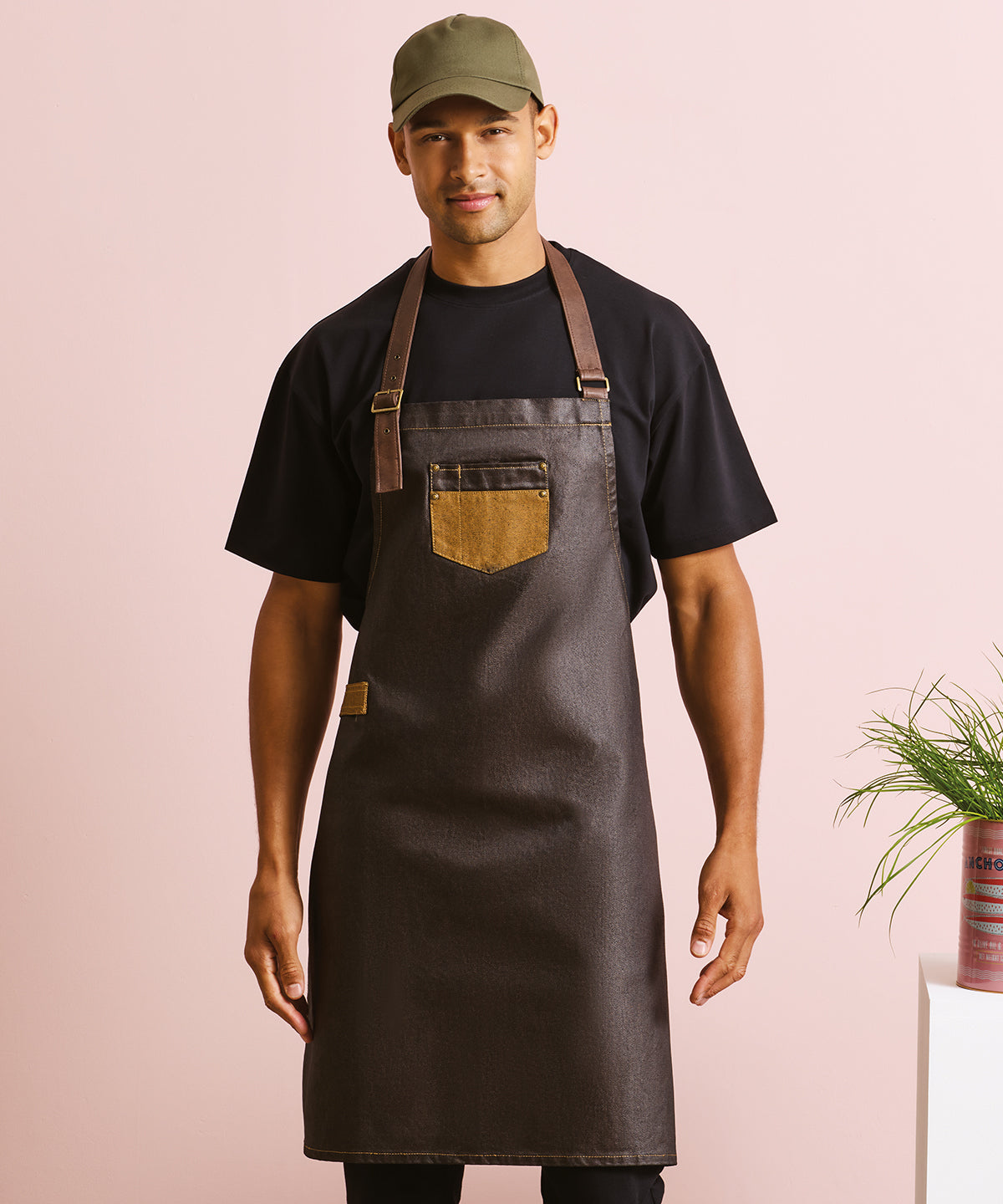 Premier Division waxed-look denim bib apron with faux leather, lifestyle photo