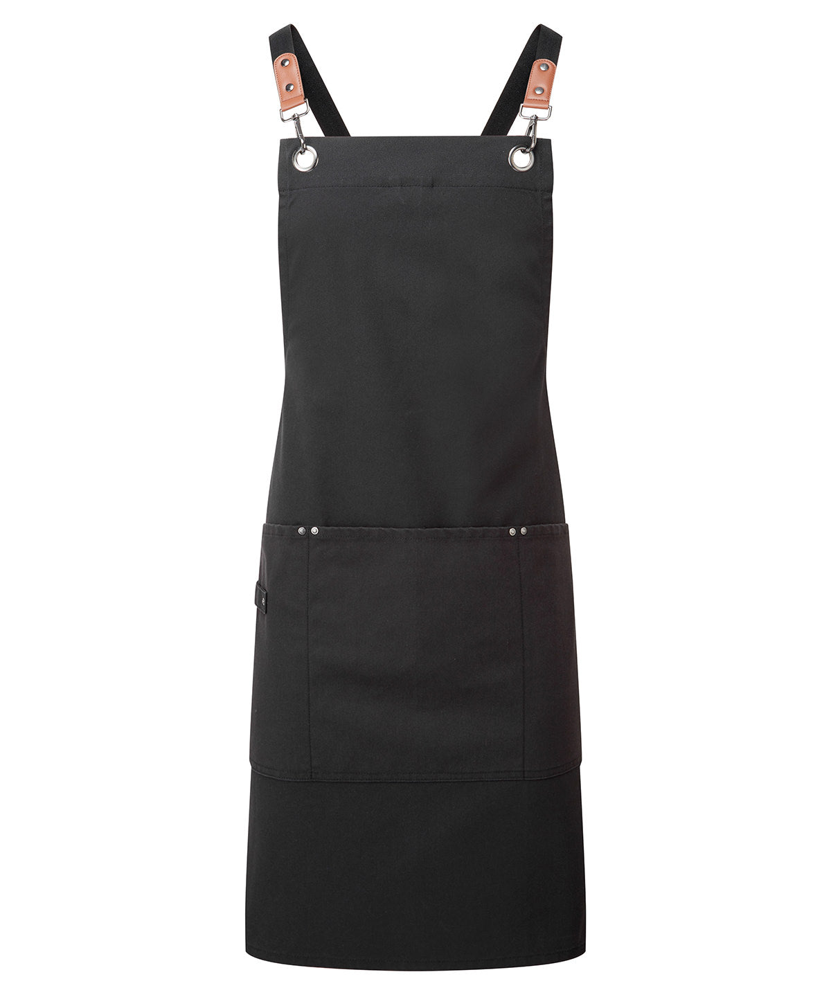 Premier Clip ‘n’ Clasp cross-back bib apron in Black, front view