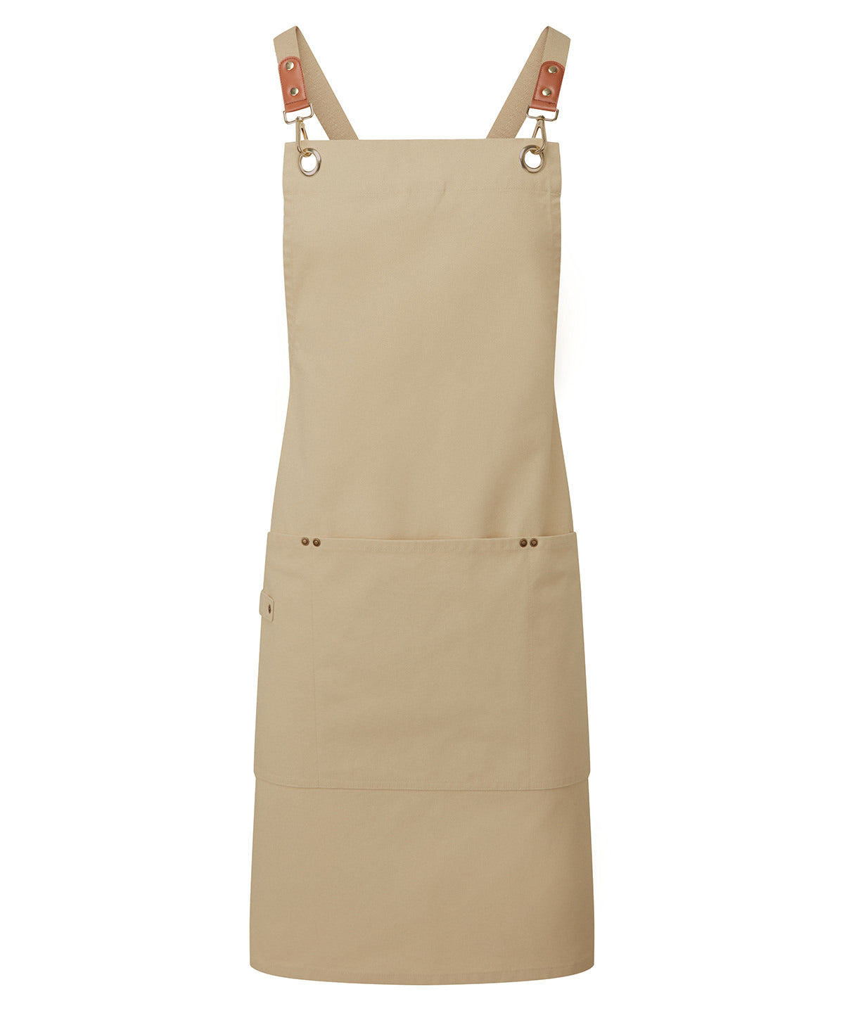 Premier Clip ‘n’ Clasp cross-back bib apron in Khaki, front view