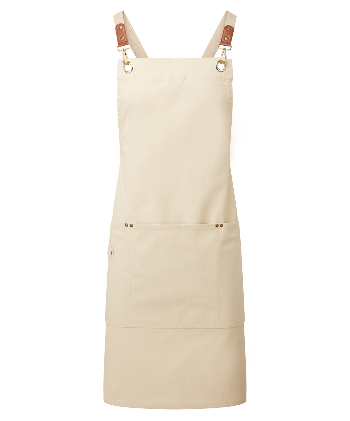 Premier Clip ‘n’ Clasp cross-back bib apron in Natural, front view