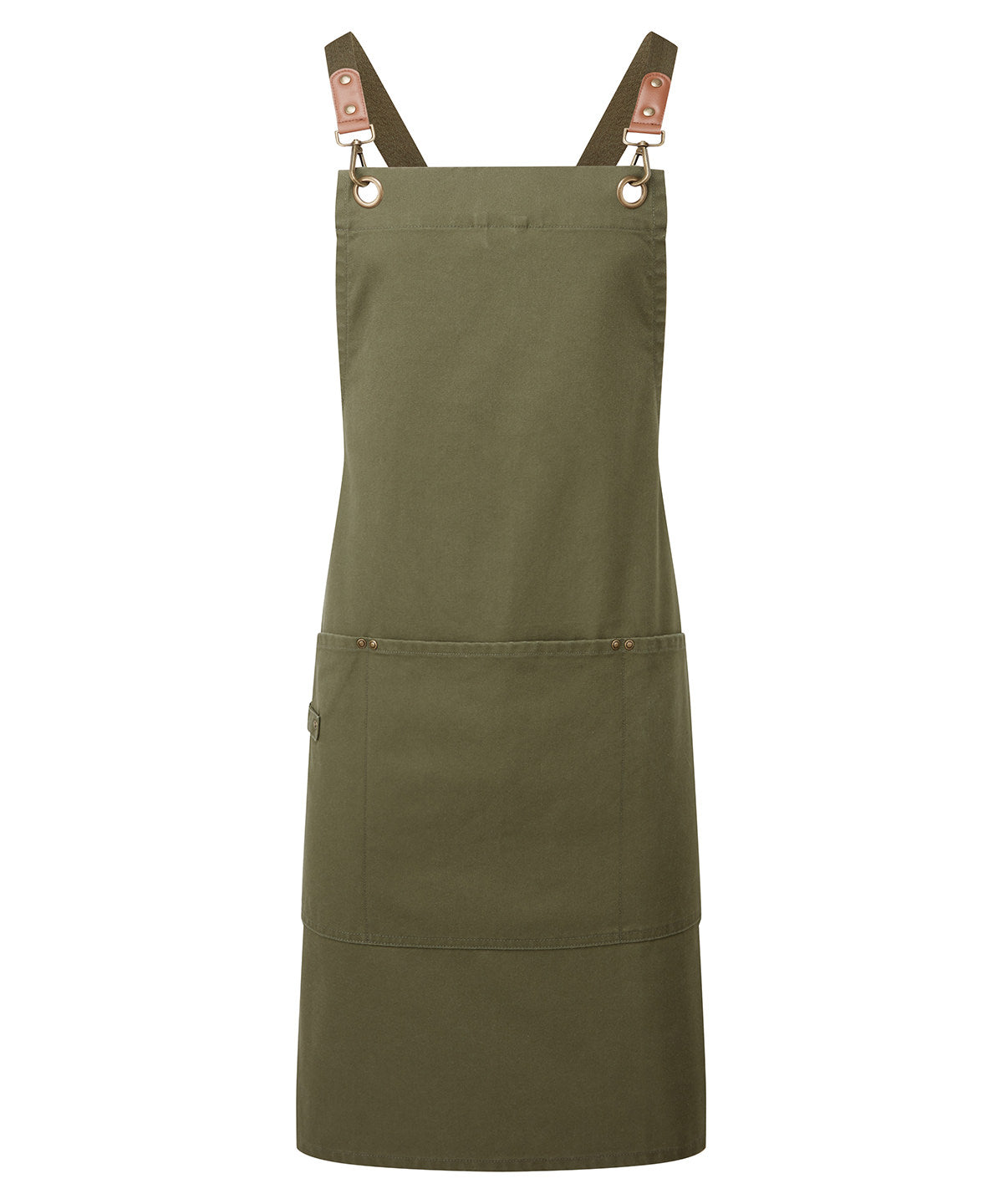 Premier Clip ‘n’ Clasp cross-back bib apron in Olive, front view