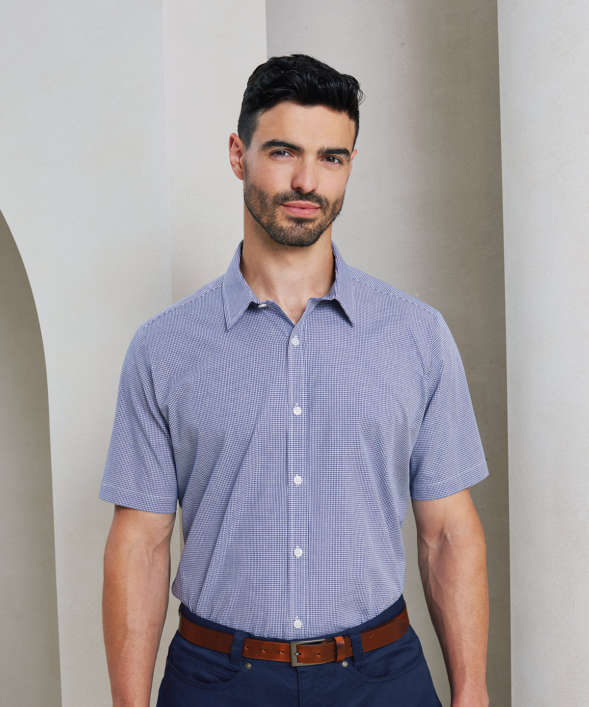 Premier Microcheck (Gingham) short sleeve cotton shirt, lifestyle photo