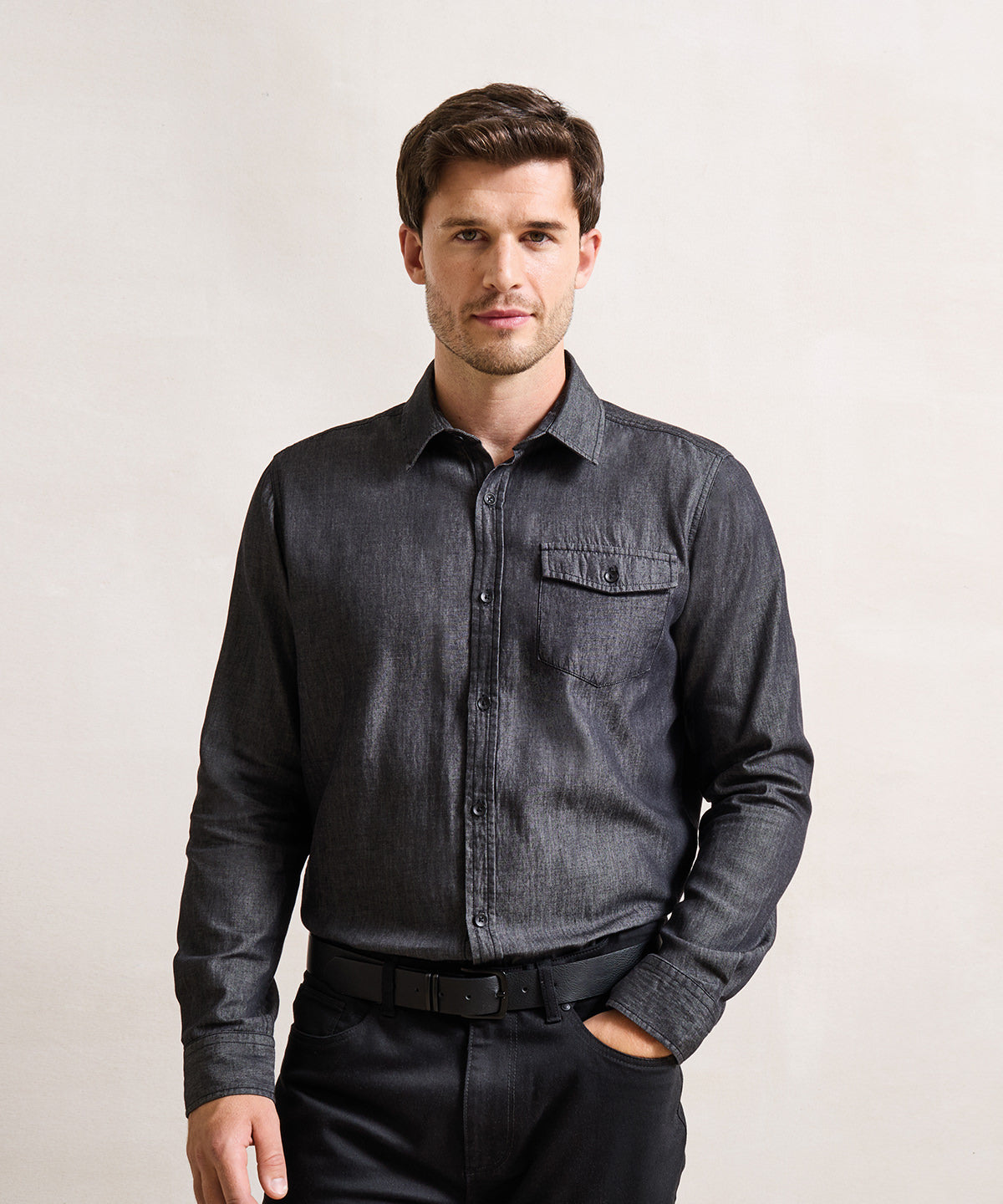 Premier Jeans stitch denim shirt, lifestyle photo