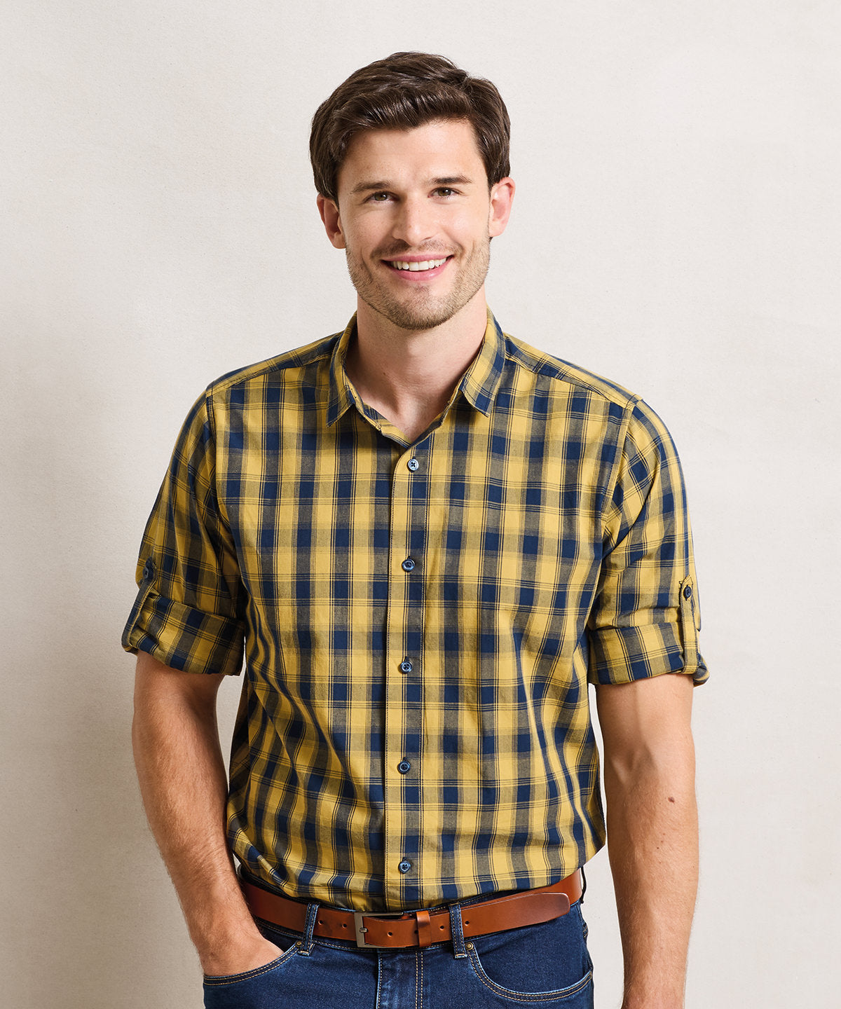 Premier Mulligan check cotton long sleeve shirt, lifestyle photo