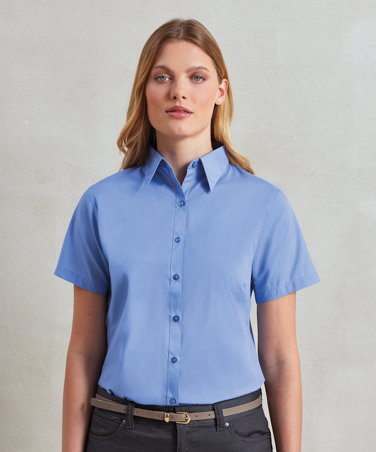 Premier Women's short sleeve poplin blouse, lifestyle photo