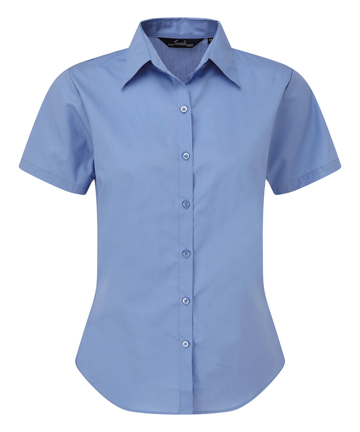 Premier Women's short sleeve poplin blouse in Mid Blue, front view