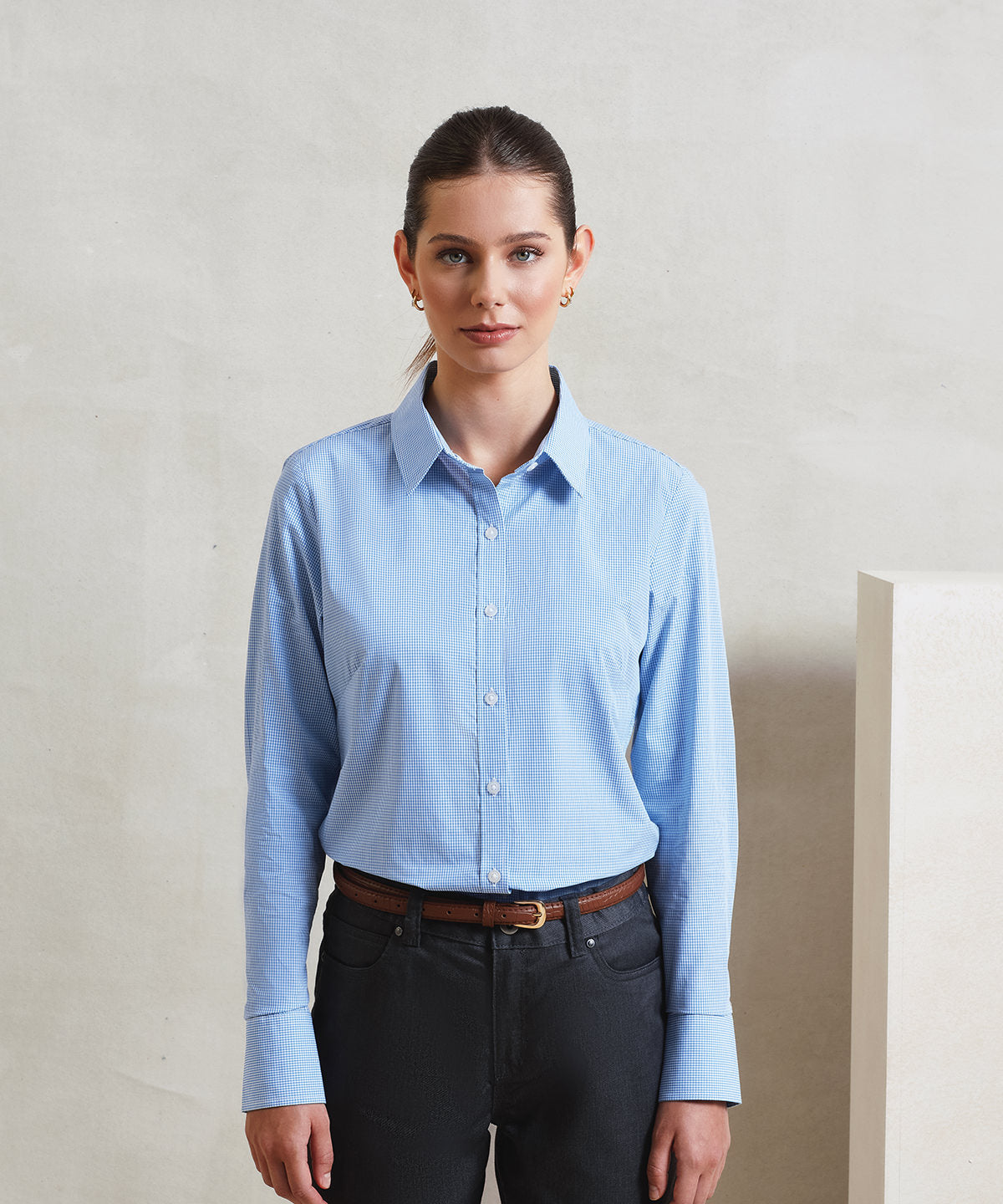 Premier Women's Microcheck (Gingham) long sleeve cotton shirt, lifestyle photo