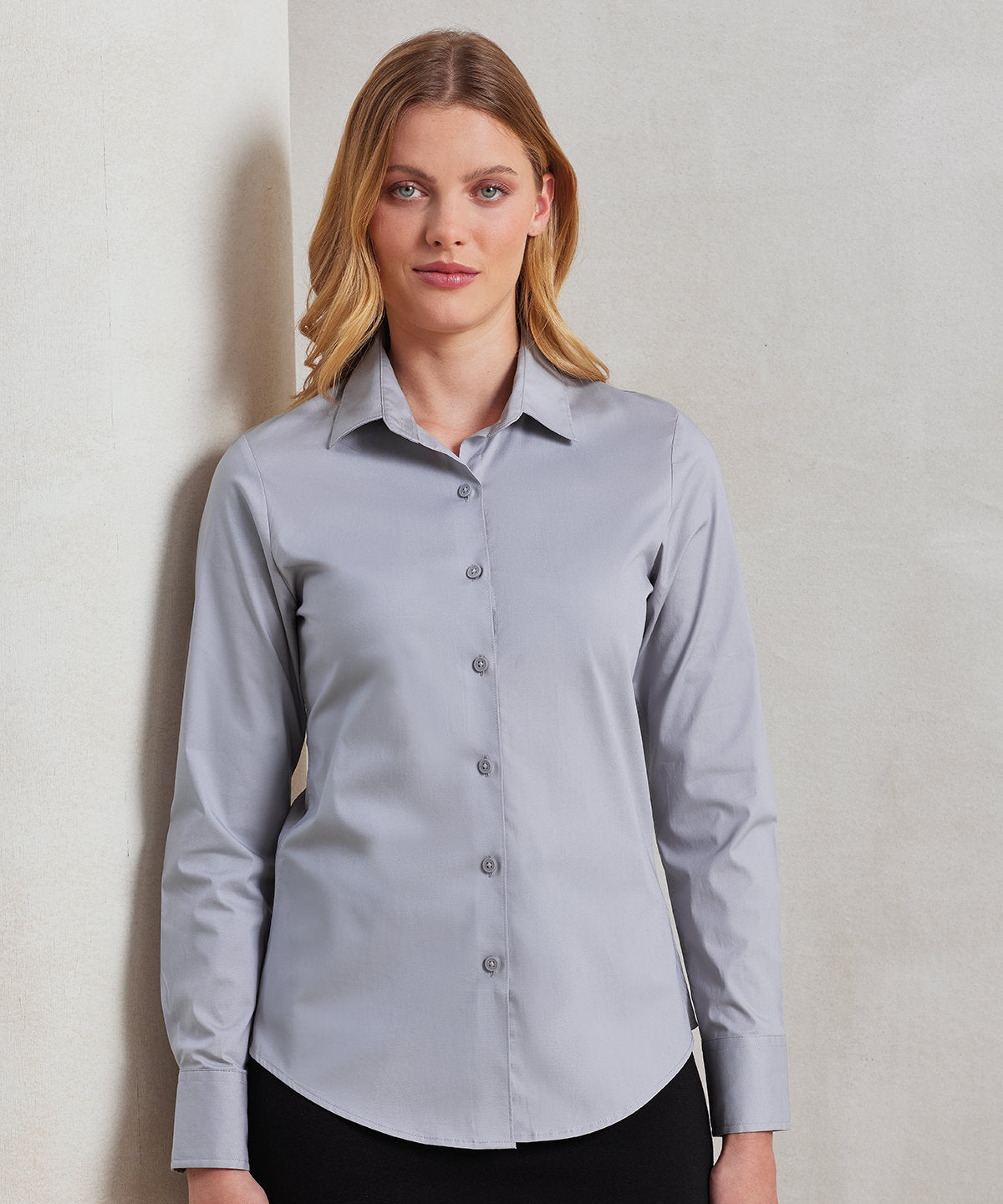 Premier Women's stretch fit cotton poplin long sleeve blouse, lifestyle photo