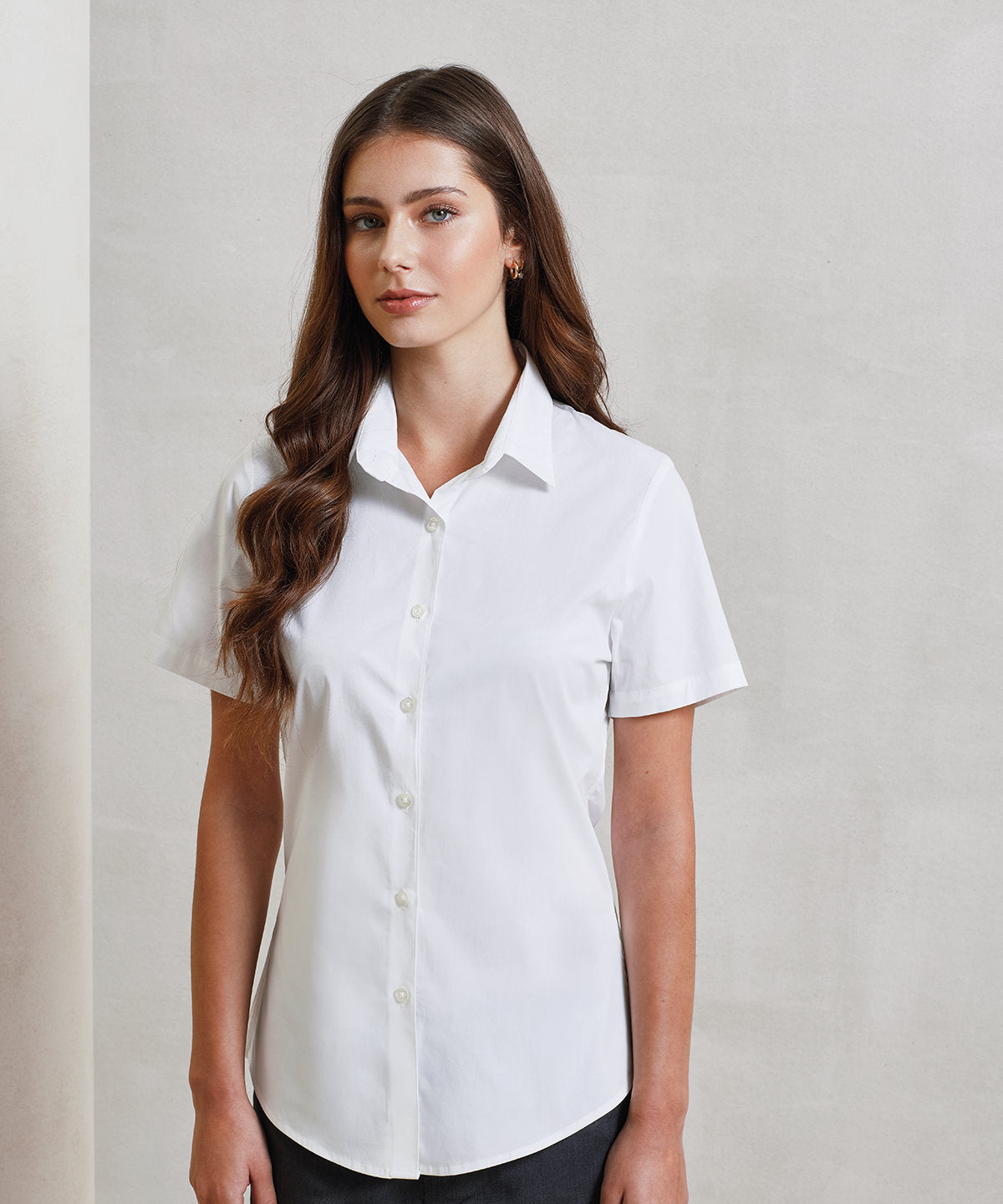 Premier Women's stretch fit cotton poplin short sleeve blouse, lifestyle photo