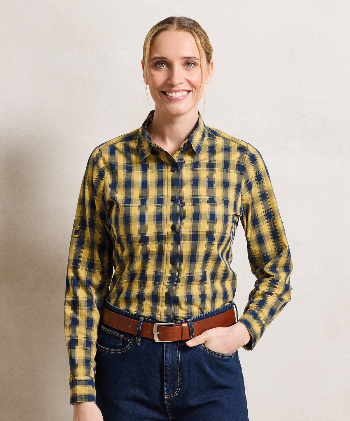 Premier Women's Mulligan check cotton long sleeve shirt, lifestyle photo