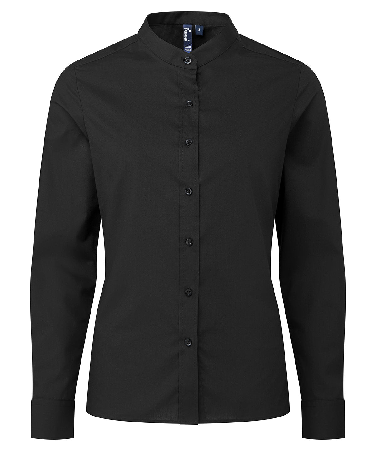 Premier Women's banded collar 'grandad' shirt in Black, front view