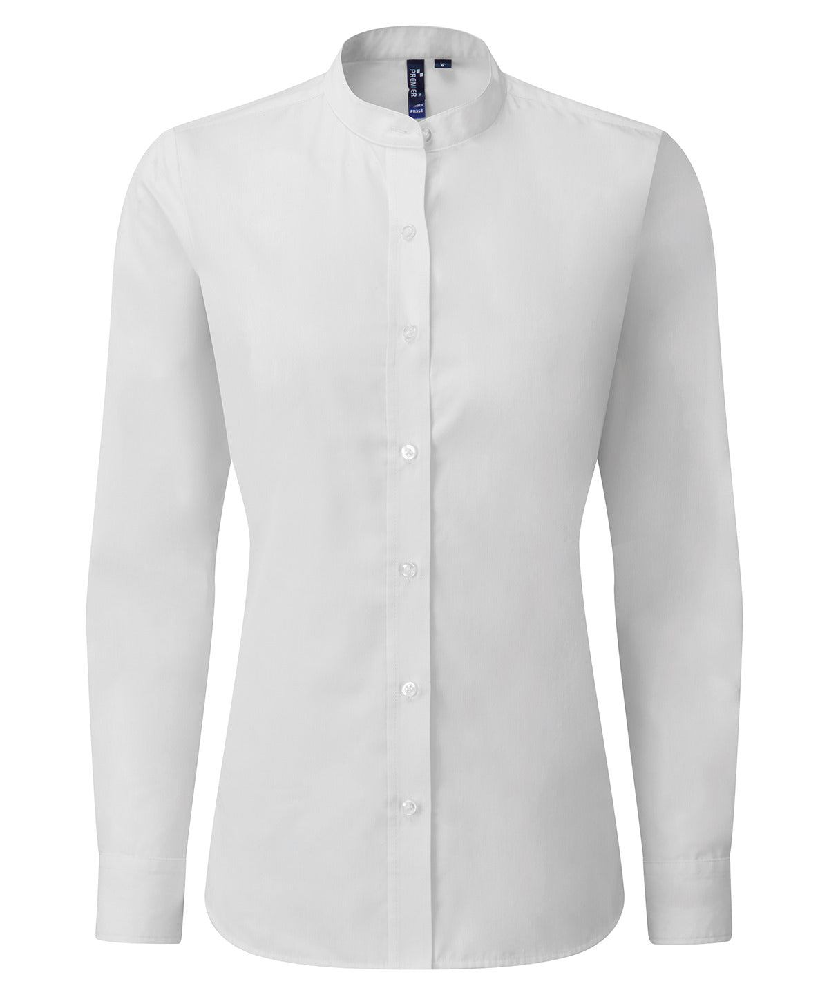Premier Women's banded collar 'grandad' shirt in White, front view