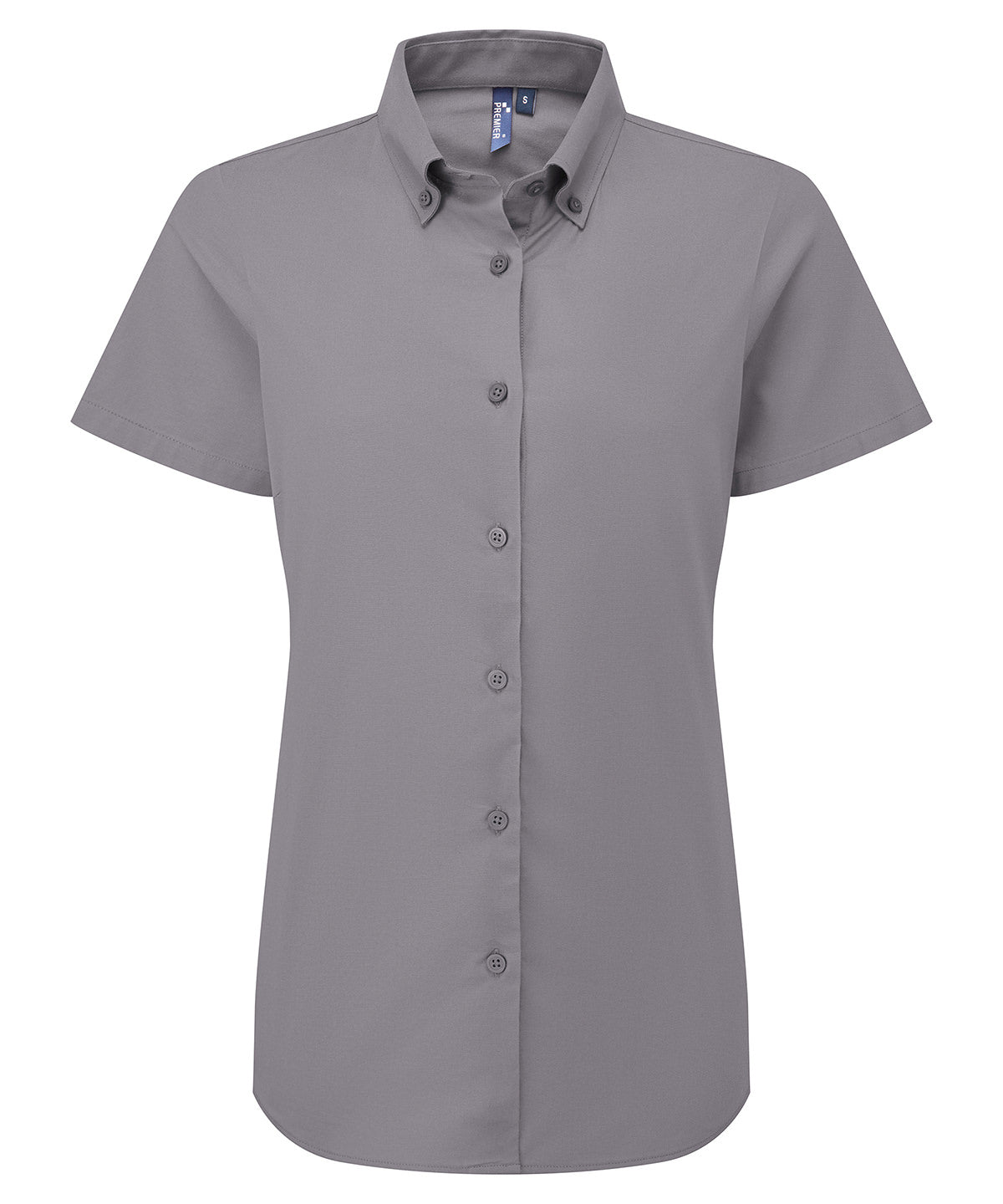 Premier Women’s ‘Supreme’ Oxford short sleeve shirt in Steel Grey, front view