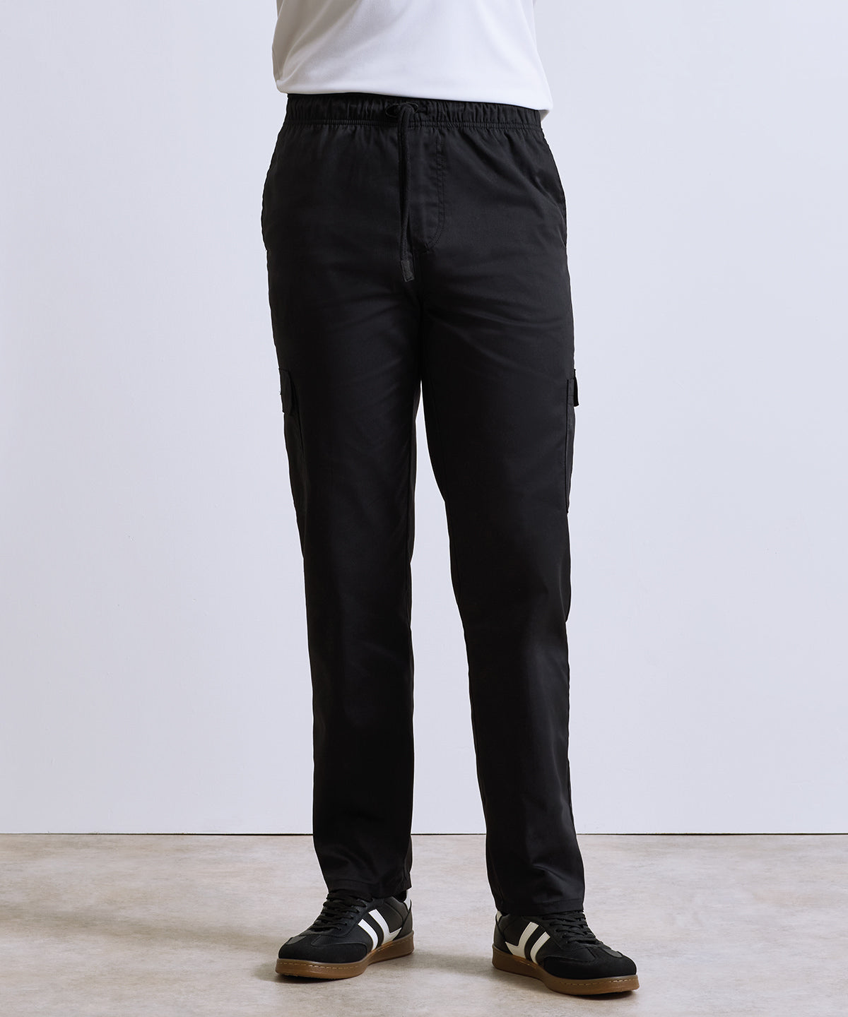 Premier Chef's essential cargo pocket trousers in Black, lifestyle photo