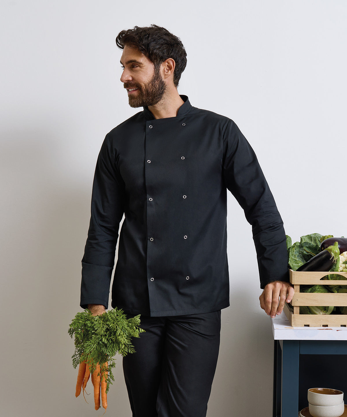 Premier Studded front long sleeve chef's jacket, lifestyle photo