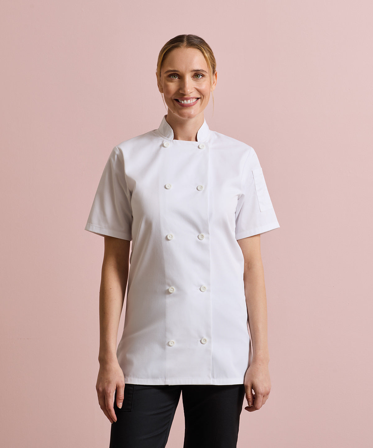 Premier Women's short sleeve chef's jacket in White, lifestyle photo
