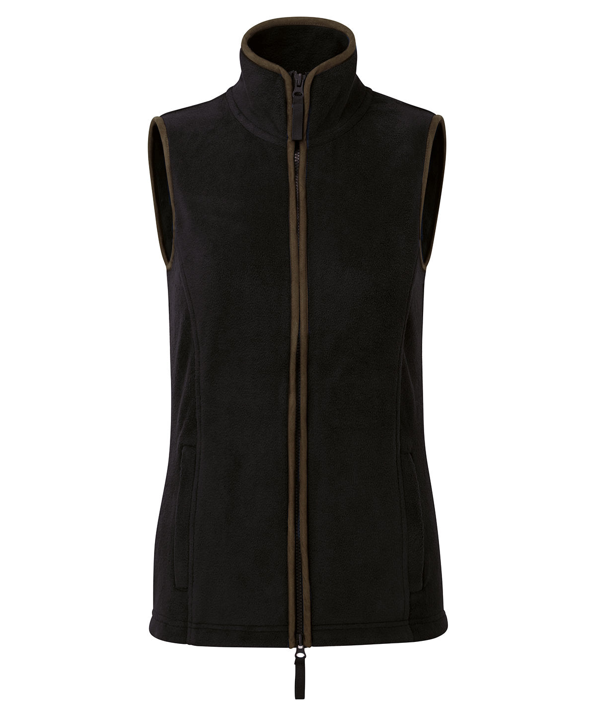 Premier Women’s artisan fleece gilet in Black/Brown, front view