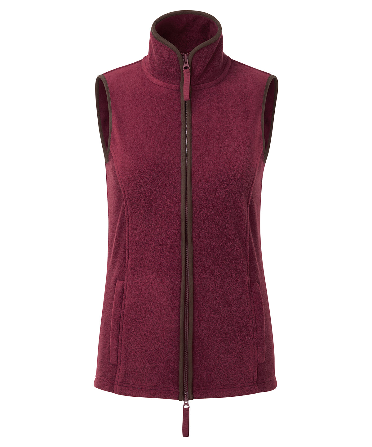Premier Women’s artisan fleece gilet in Burgundy/Brown, front view