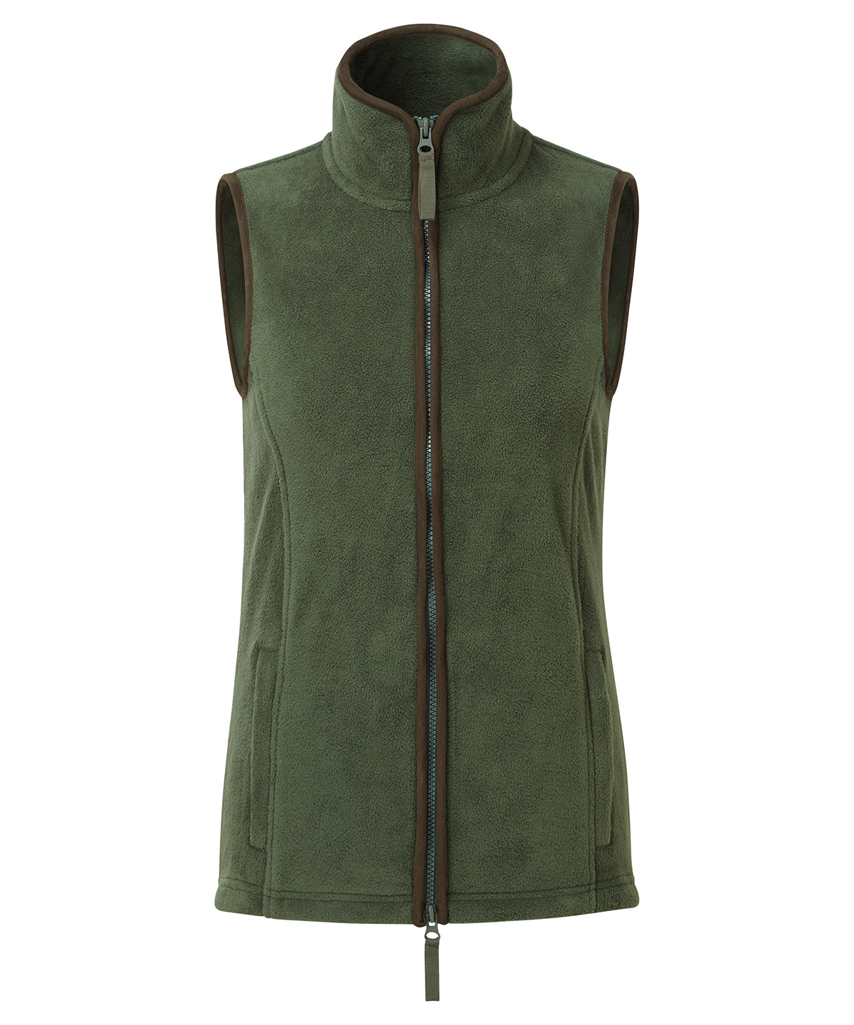 Premier Women’s artisan fleece gilet in Moss Green/Brown, front view
