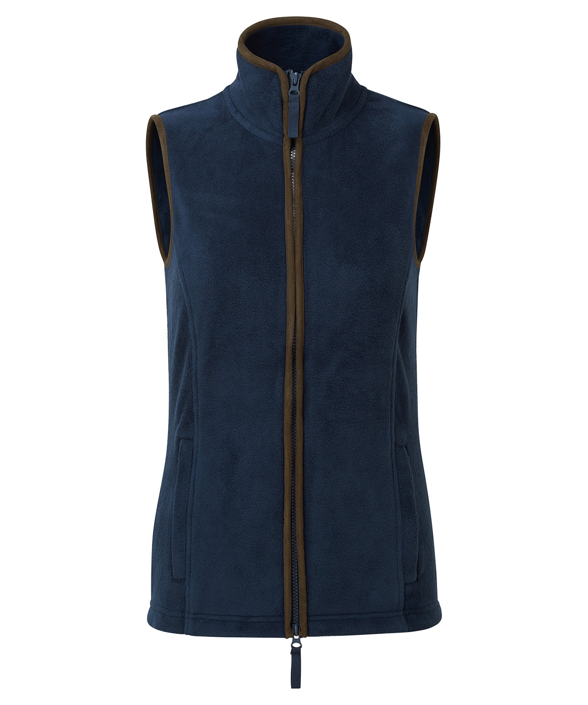 Premier Women’s artisan fleece gilet in Navy/Brown, front view