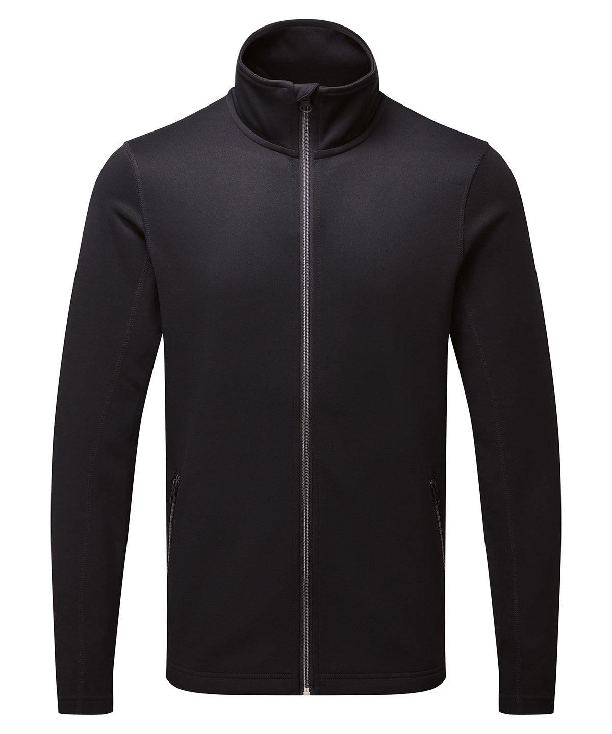 Premier Men's spun dyed sustainable zip-through sweatshirt in Black, front view