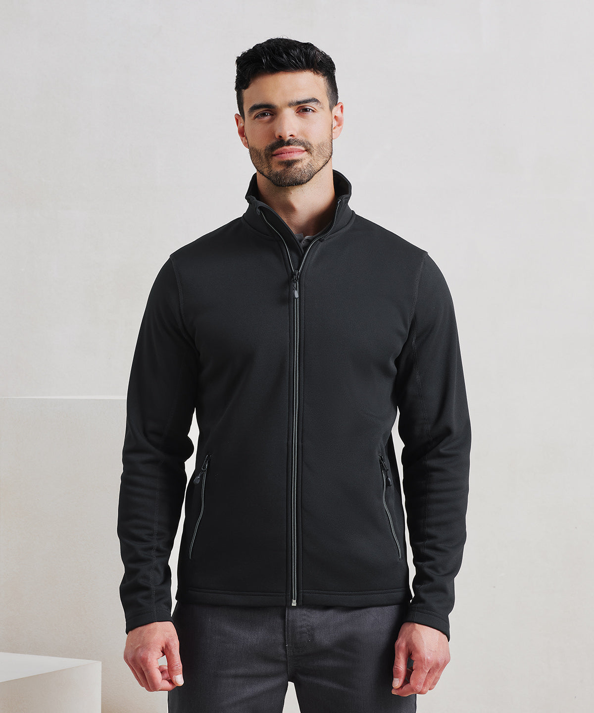 Premier Men's spun dyed sustainable zip-through sweatshirt, lifestyle photo