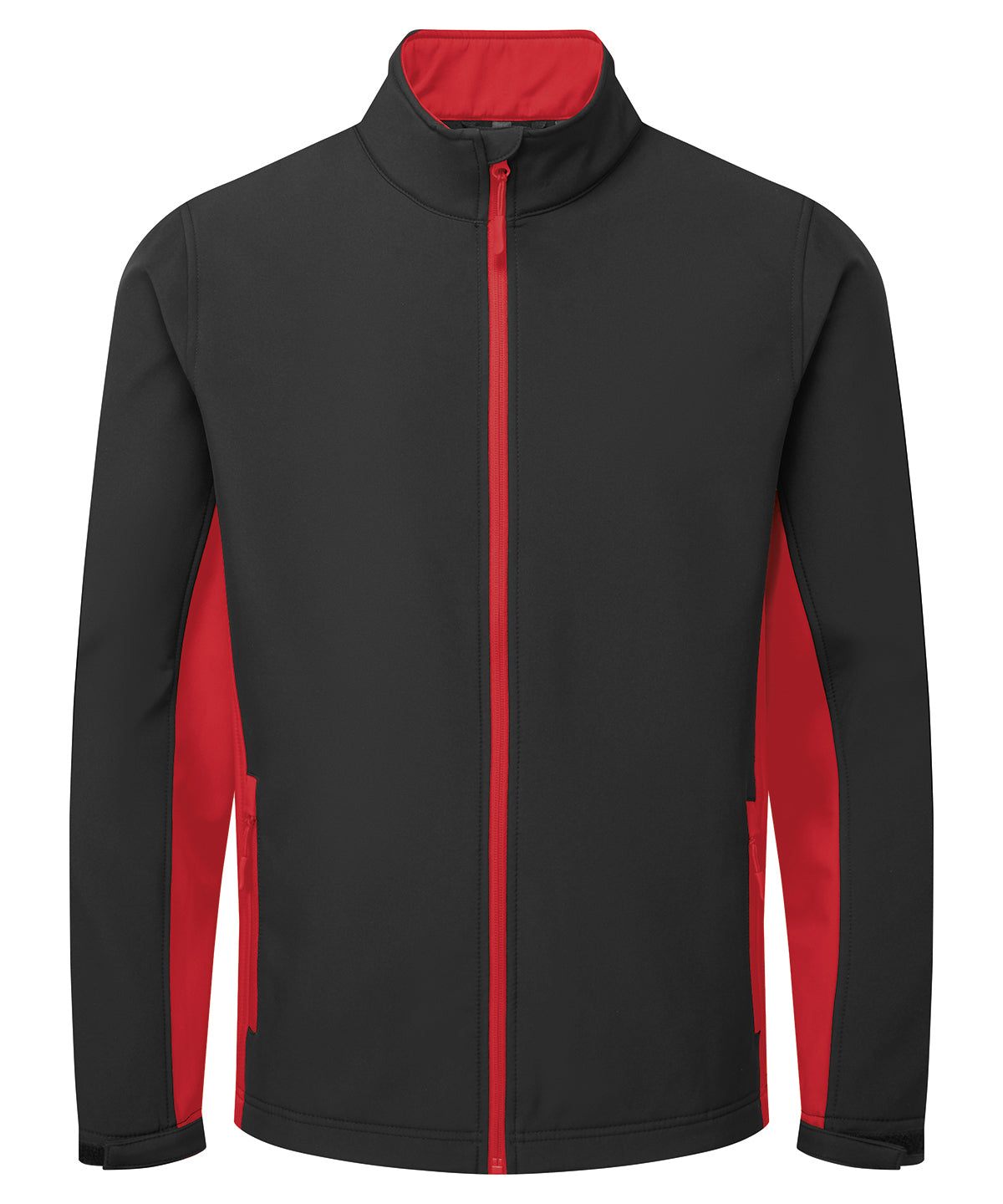 Premier Windchecker printable and recycled softshell jacket in Black/Classic Red, front view