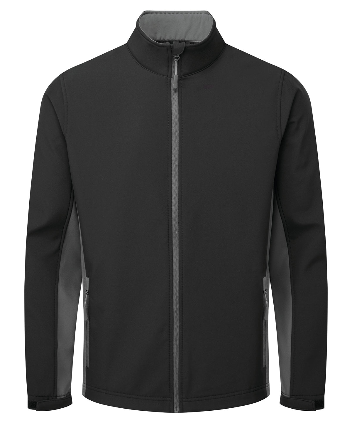 Premier Windchecker printable and recycled softshell jacket in Black/Dark Grey, front view