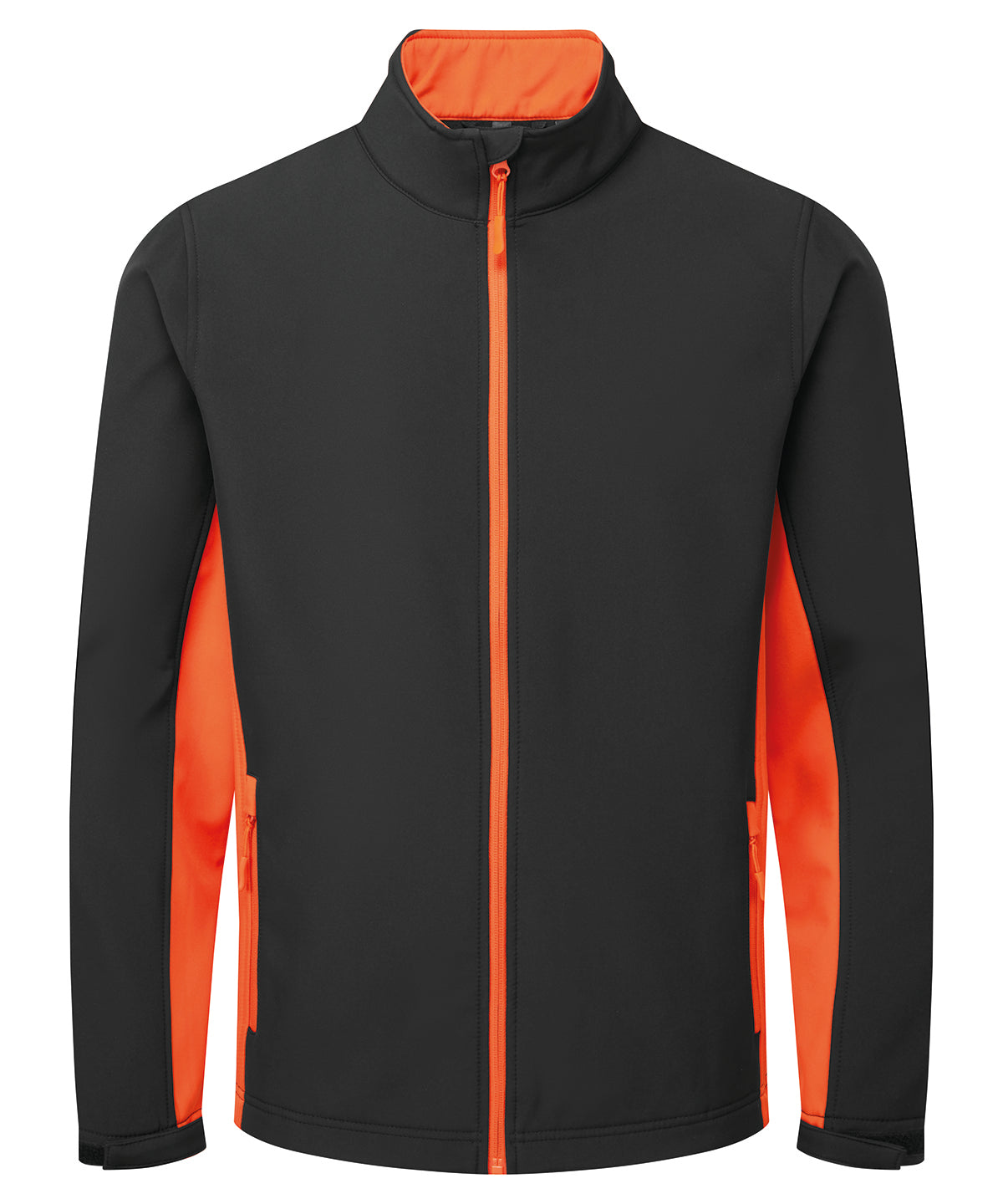 Premier Windchecker printable and recycled softshell jacket in Black/Orange, front view