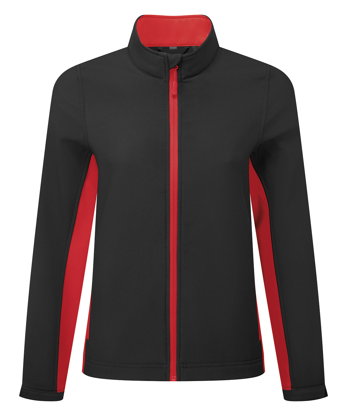 Premier Women’s Windchecker printable and recycled softshell jacket in Black/Classic Red, front view