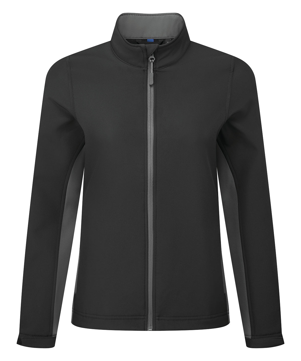 Premier Women’s Windchecker printable and recycled softshell jacket in Black/Dark Grey, front view