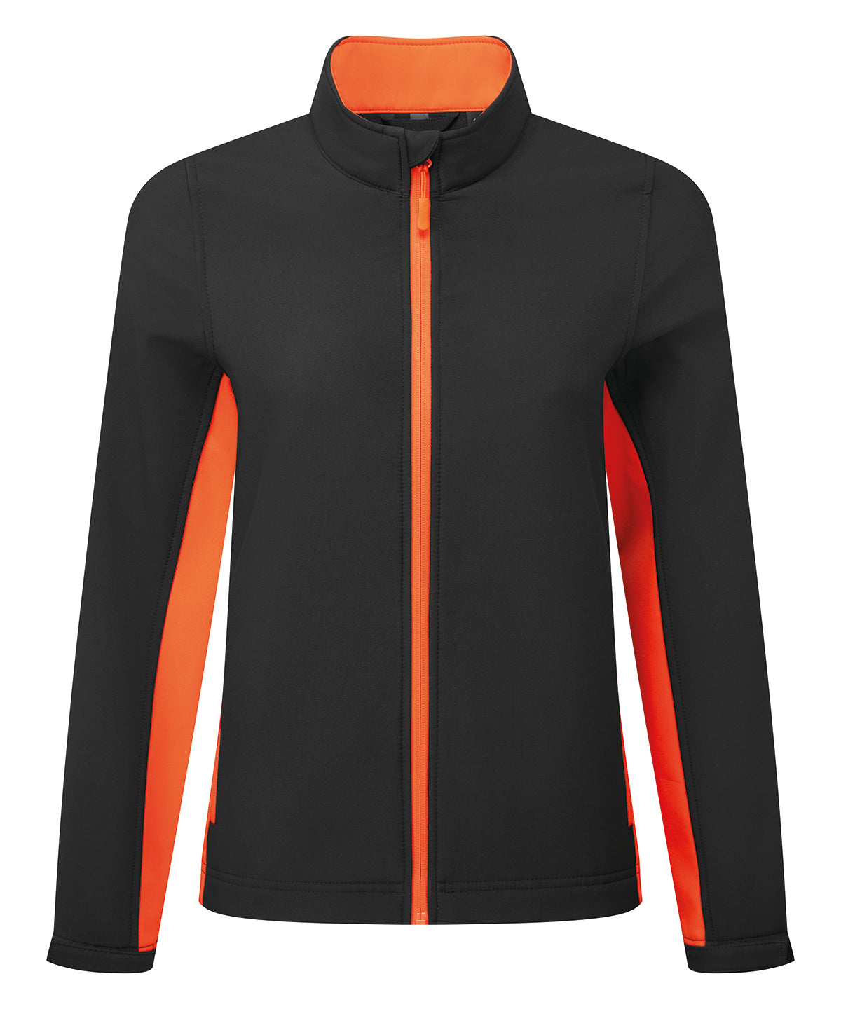 Premier Women’s Windchecker printable and recycled softshell jacket in Black/Orange, front view